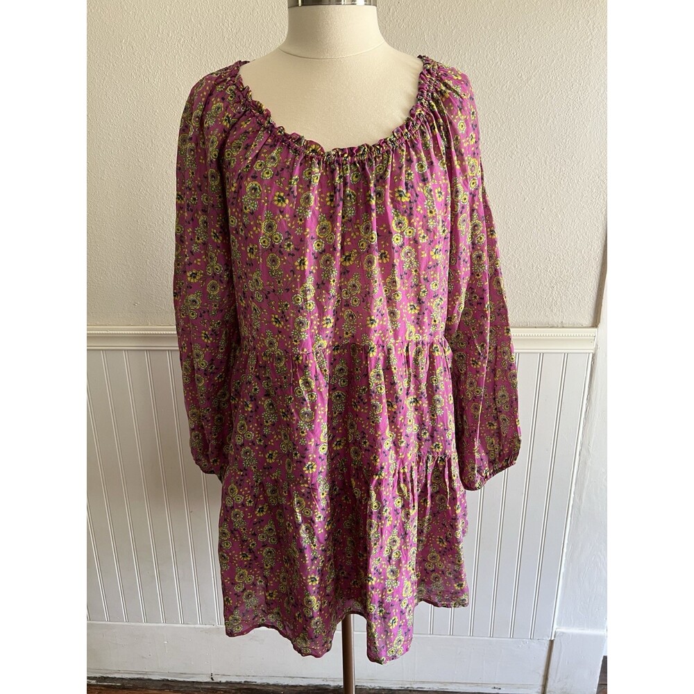 Xirena Long Sleeve Tiered Dress Knee Length Pink Yellow Floral Flowy Peasant M